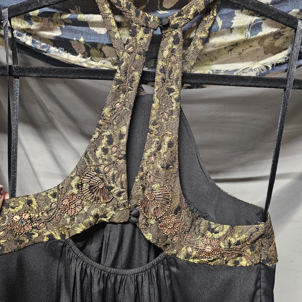Free People Black & Gold Sequin Embroidered Lace Halter Style Mini Dress XS - Picture 6 of 15